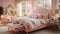 a bedroom with a pink bed and a pink chair Coastal interior Master Bedroom with Pastel Pink color