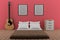 Bedroom in pink room with acoustic guitar in 3D rendering