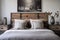 bedroom with raw wooden headboard and vintage metal nightstands