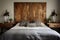 bedroom with raw wooden headboard and vintage metal nightstands