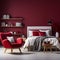 a bedroom with red walls and a white bed Scandinavian interior Master Bedroom with Deep Red color