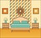 Bedroom retro interior. Hotel room in flat design. Vector illustration.