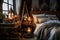 Bedroom in a trendy style. Modern and vintage furniture accompany each other, colorful dishes and rustic chic -