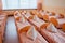 Beds and cots in brightly colored dormitory of a nursery.A lot of children`s cots