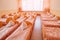 Beds and cots in brightly colored dormitory of a nursery.A lot of children`s cots