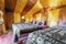 Beds inside elegant tent set on Sahara desert, Morocco