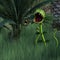 Bee approaching a green carnivorous plant in the jungle