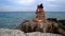 Bee attack girl sitting on rock at sea