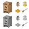 The bee, the bee-keeper in the mask, the honeycomb of the honey.Apiary set collection icons in cartoon,monochrome style