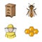 The bee, the bee-keeper in the mask, the honeycomb of the honey.Apiary set collection icons in cartoon style vector