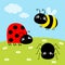 Bee bumblebee, spider, ladybug ladybird, lady bug. Insect set. Green grass daisy meadow, sky with clouds. Cute cartoon kawaii