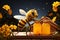 Bee character relaxes on hive, waves by honey jars, honeybees flutter countryside delight