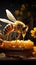 Bee character relaxes on hive, waves by honey jars, honeybees flutter countryside delight