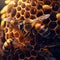 Bee close up view working. Yellow sweet honey farming insect macro shot. Generative AI