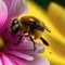 A bee collecting nectar from a flower is seen in detail in a macro shot.