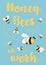 Bee farming poster. Honey bee at work text. Beekeeper sign with cute bees on blue background. Vector honey logo