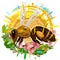 A bee flies and collects nectar from flowers. Wax honeycomb with honey streaks. Art. Isolated vector on white background. Bees