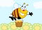 Bee Flying With A Honey Bucket And Waving For Gree