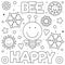 Bee happy. Coloring page. Vector illustration. Bee, flowers.