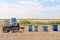 Bee hives are near the sunflower field