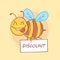 Bee holding sign with inscription discounts. Funny character