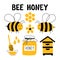 Bee honey funny doodle set. Beekeeping, apiculture: bee, hive, spoon, honeycomb, jar. Hand drawn cute cartoon vector illustration