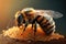 Bee on honey, honeybee macro. Realistic ilustration. Generative ai