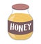 Bee honey jar with text icon, sweetness bank organic natural dessert mead cartoon vector illustration, isolated on white