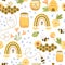 Bee honey pattern. Beehive, honey rainbow, floral seamless pattern. Honeybee print. Organic honey graphic design