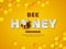 Bee honey typographic design. Paper cut style letters, comb and bee. Yellow background, vector illustration.