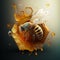 A bee on a honeycomb. Logo on a dark background. A modern fantastic image of a bee with drops of honey. Generative AI