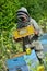 Bee Keeper Working with Bee Hives in a sunflower field