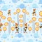 Bee meadow. Swarm bees collects honey. Background, seamless pattern with cute cartoon characters. Hostess bees.