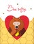 Bee mine greeting card of cute bear eating honey on honeycomb background