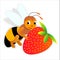 Bee nad strawberry, cartoon, vector illustration