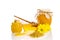 Bee products: honey, pollen, honeycomb on white background