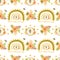 Bee rainbow floral pattern. Honeycomb rainbow. Summer floral yellow seamless pattern. Honeybee background. Organic honey