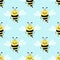 Bee seamless pattern on light blue. Cute cartoon bee or Bumble Bee . Vector illustration. Hand drawn insects for wallpaper, fabric