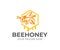 Bee sits in honeycomb and dripping honey drops, logo design. Beekeeping, apiary and agriculture, farming, vector design. House ins