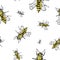 Bee sketch pattern. Hand drawn insect bees on transparent background. Seamless vector backdrop.