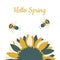 Bee and sunflower. Hello spring cute card in trendy colors.
