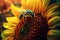 Bee on sunflower. Nature background. Vintage style toned picture. Generative AI