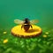 A bee with wings sitting on floating flower pollen in spring season 3D illustration