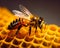 Bee are working on honeycomb super realistic macro. A close up of a bee on a honeycomb