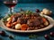 Beef Bourguignon, delicious French dinner dish of slow cooked beef in a red wine sauce, mushrooms