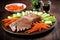 beef brisket slices paired with julienned carrots and celery