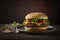 Beef burger on a plate on a dark wooden table close-up. Classic cheeseburger with lettuce. Rustic style. Image is AI generated