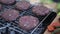 Beef burgers cutlets are roasting on the charcoal barbecue grill