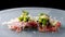 Beef carpaccio appetizer with baby asparagus