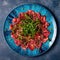 Beef Carpaccio On A Blue Abstraction Round Plate, French Dish. Generative AI